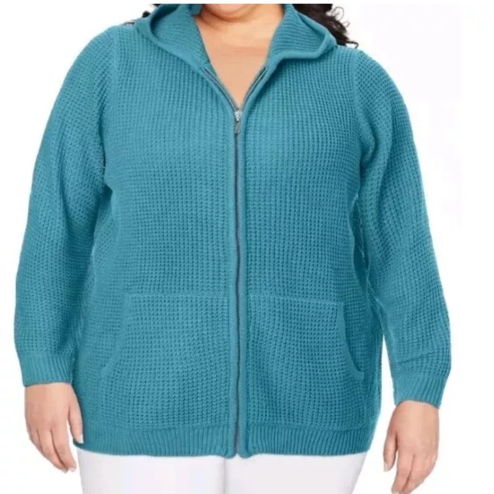 Longline Cardigan Sweater Woman Plus 3X Thermal Waffle Knit Turquoise Hooded
